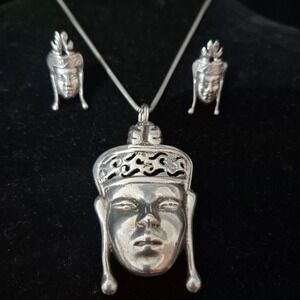 Vtg Southeast Asian Sterling Silver Pendant/Brooch Pin 20" Necklace Earrings Set